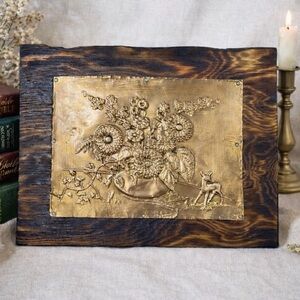 Vintage Copper Hammered Wood Mounted Deer Flowers Handcrafted 11 x 8 3/4